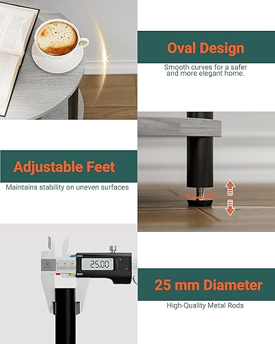 Miniatura 3 de Mesa auxiliar redonda pequeña, mesa decorativa ovalada de 3 niveles para espacios pequeños, mesa auxiliar de sofá de madera rústica y metal, mesita
