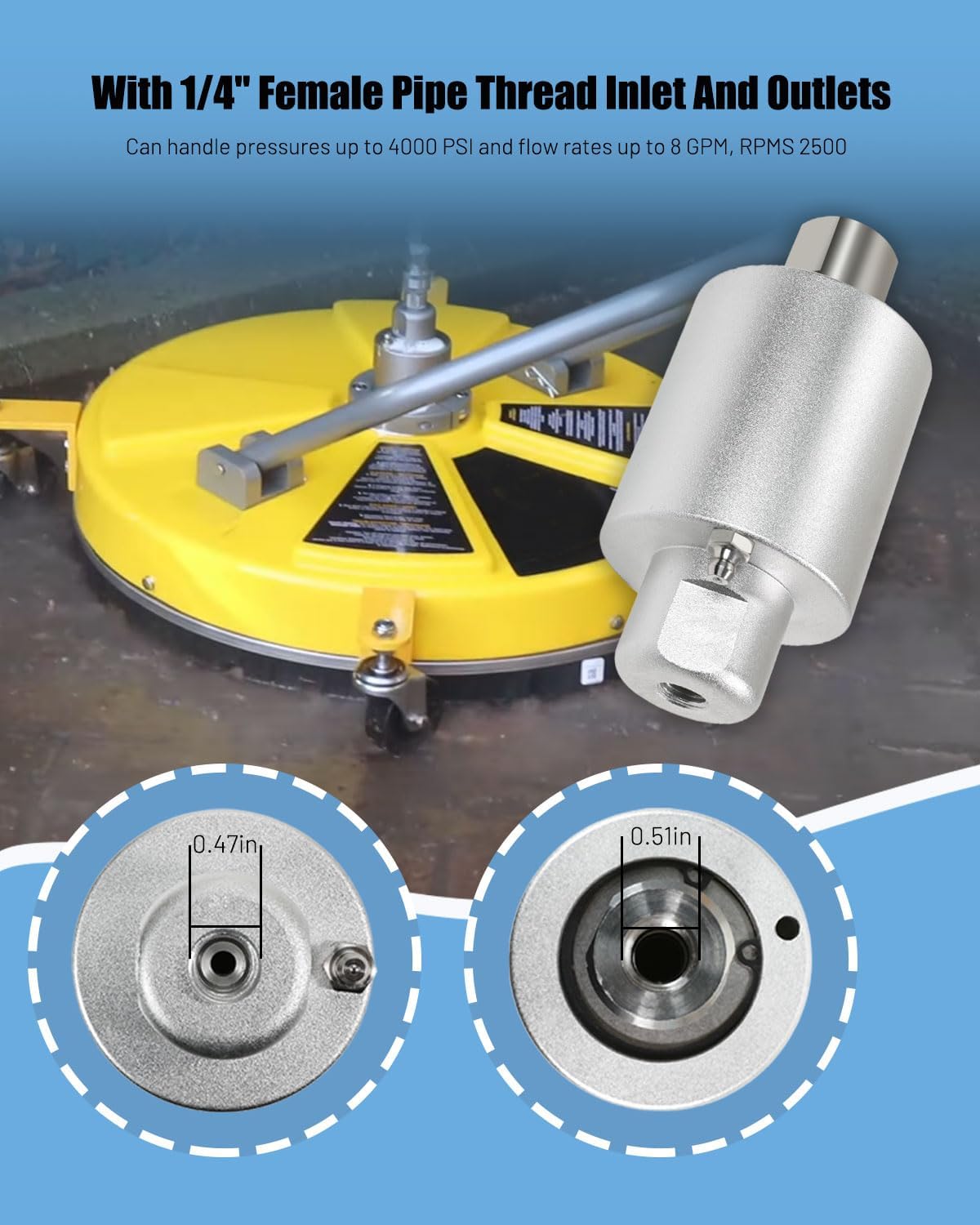 Washer Replacement Rotary Swivel Head for BE Whirl-A-Way 16’’18’’ 20’’ 24’’ Cleaner Replace 85.790.004, Aluminum Body, Surface Cleaner Swivel Head Max Pressure/Flow: 4000 PSI, 8 GPM