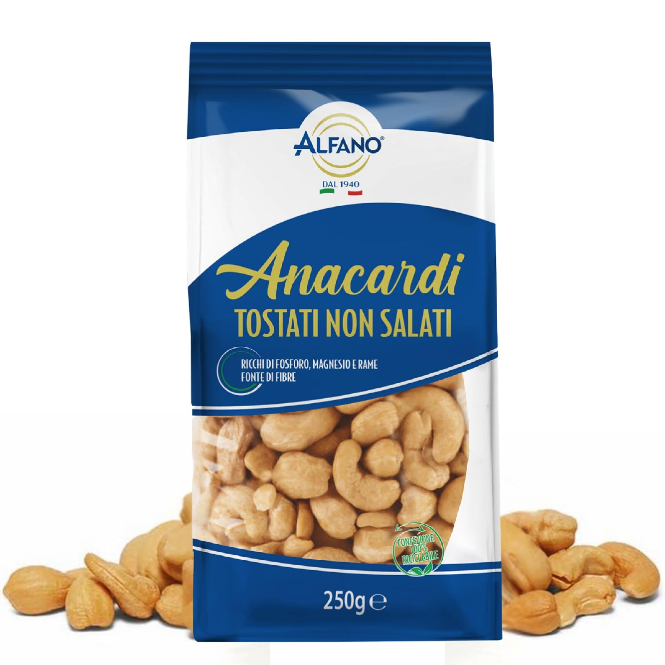 Alfano dal 1940 Anacardi Tostati Non Salati Formato da 250g Frutta Secca Ricca di Fosforo, Magnesio e Rame Fonte di Fibre (4 Pezzi)