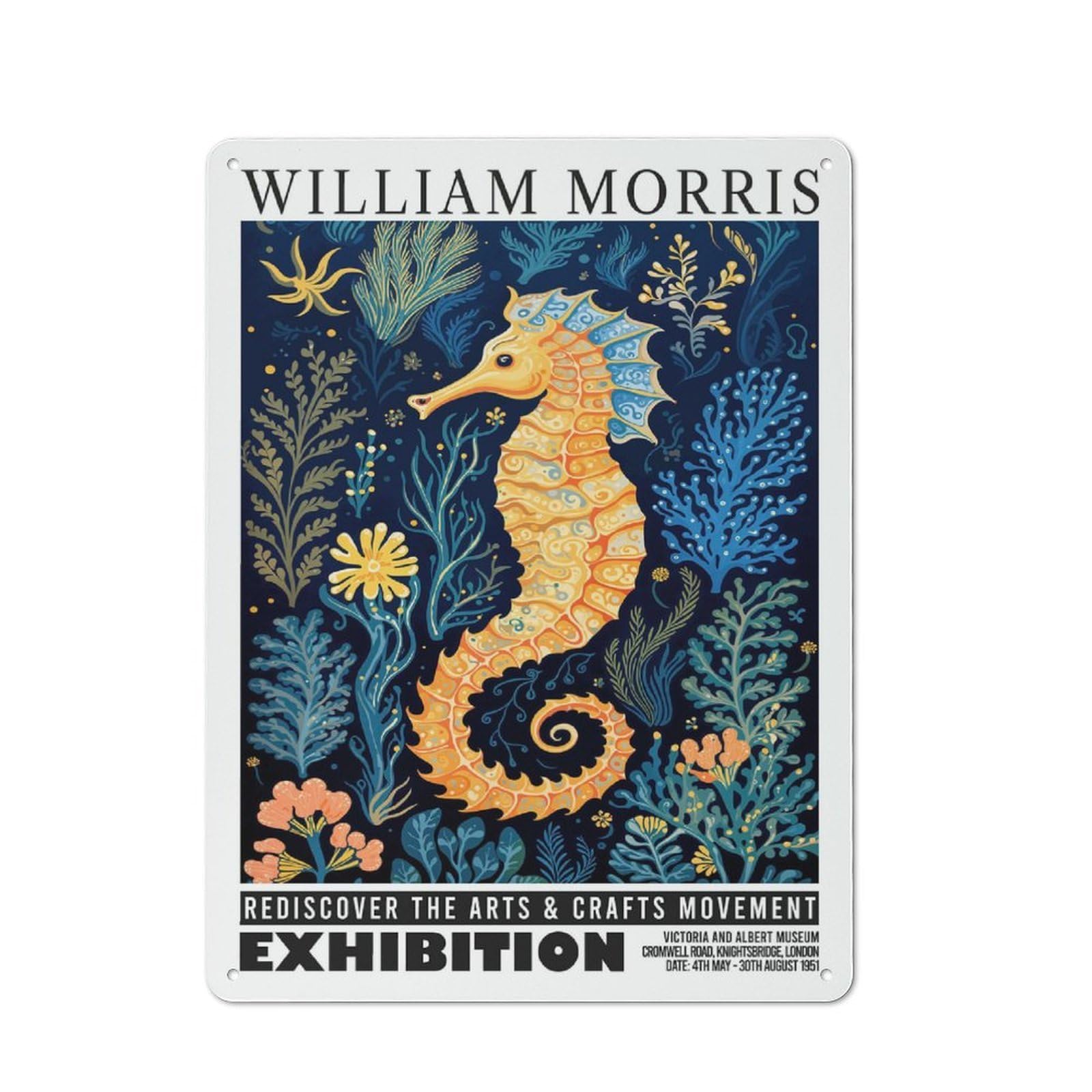 Junmoney Style-15 Tin Wall Plaque 40X30cm With William Morris Seahorse Floral Exhibition For Living Room Or Hallway, For Vintage Wall Decor Fans, For Themed Room Decoration