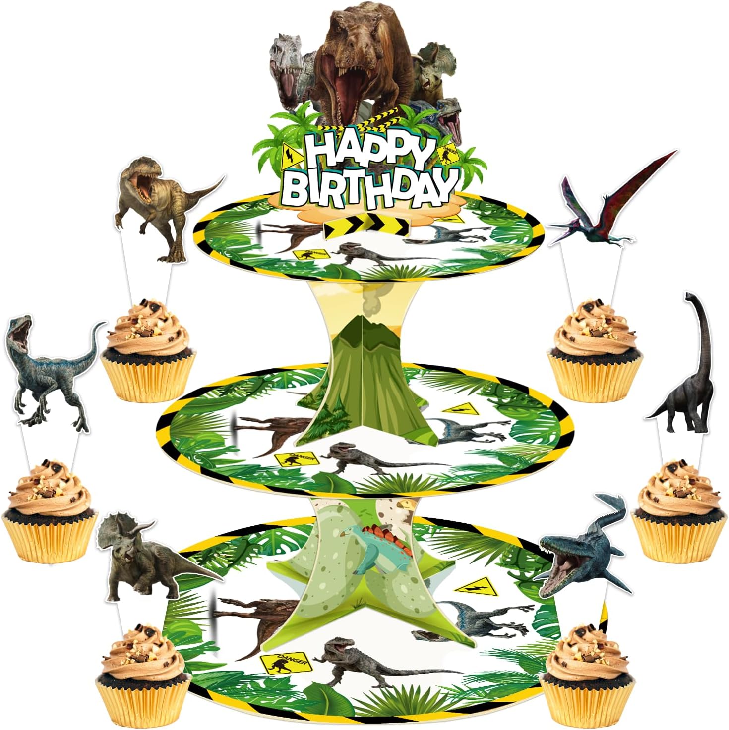 Dinosaur 3-Tier Cupcake Stand with 6 Dinosaur Cupcake Toppers - Perfect for Dinosaur-Themed Birthday Party Supplies