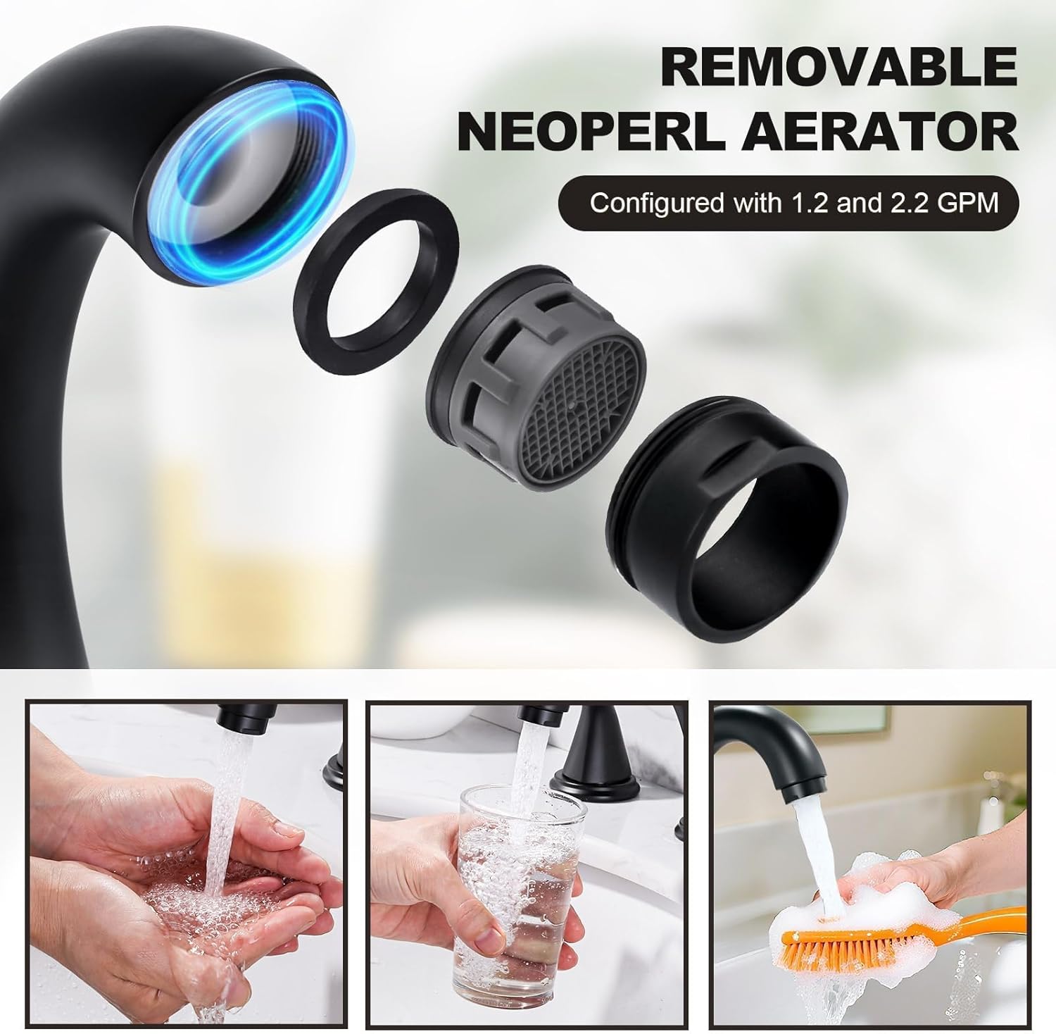 Widespread Bathroom Sink Faucet, ALEASHA Matte Black Bathroom Faucet with Pop Up Drain, Washroom Sink Faucets 3 Holes for RV/Vanity Camper, 304 Stainless Steel Tap with Lead-Free Supply Lines