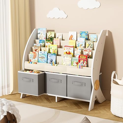 KIDINIX Estantería infantil y organizador de almacenamiento de juguetes, estante de libros de 5 niveles para habitaciones de niños, estantería de