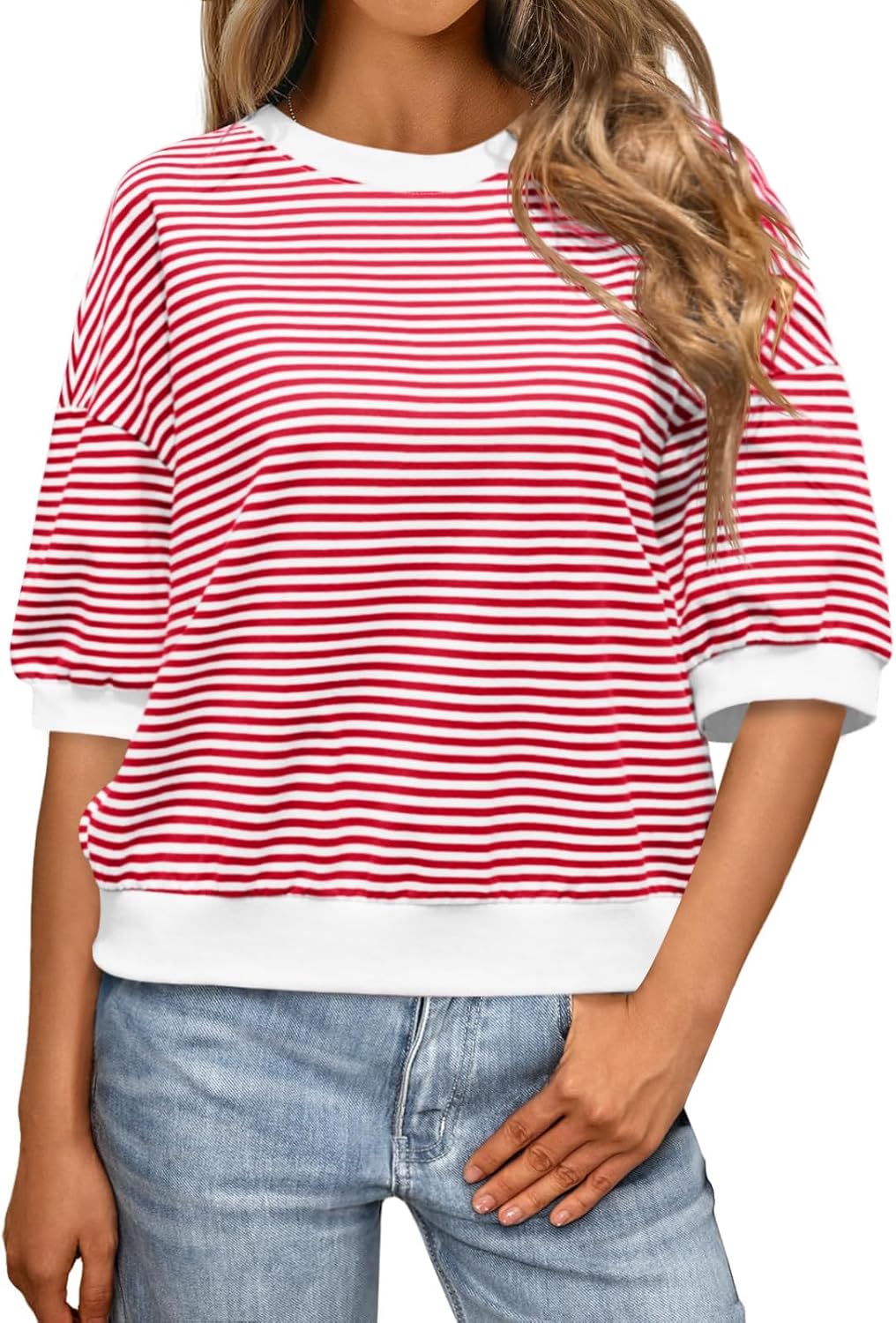 Tankaneo Womens Puff Sleeve Striped T Shirt Oversized Cropped Summer Casual Cotton Tops Loose Fitting Crewneck Sweatshirt