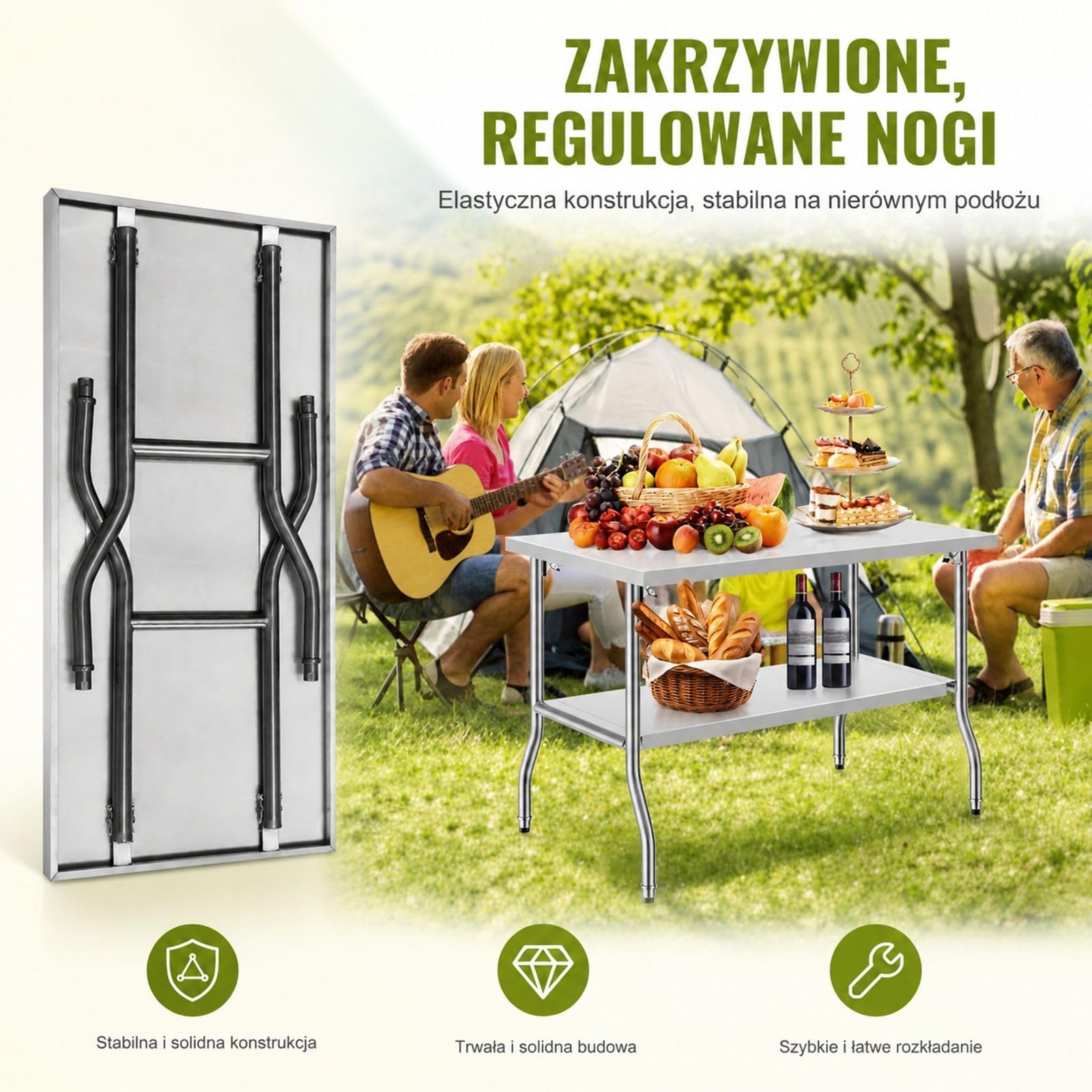Składany stół roboczy ze stali nierdzewnej z podwójną półką, srebrna wyspa kuchenna do gastronomii