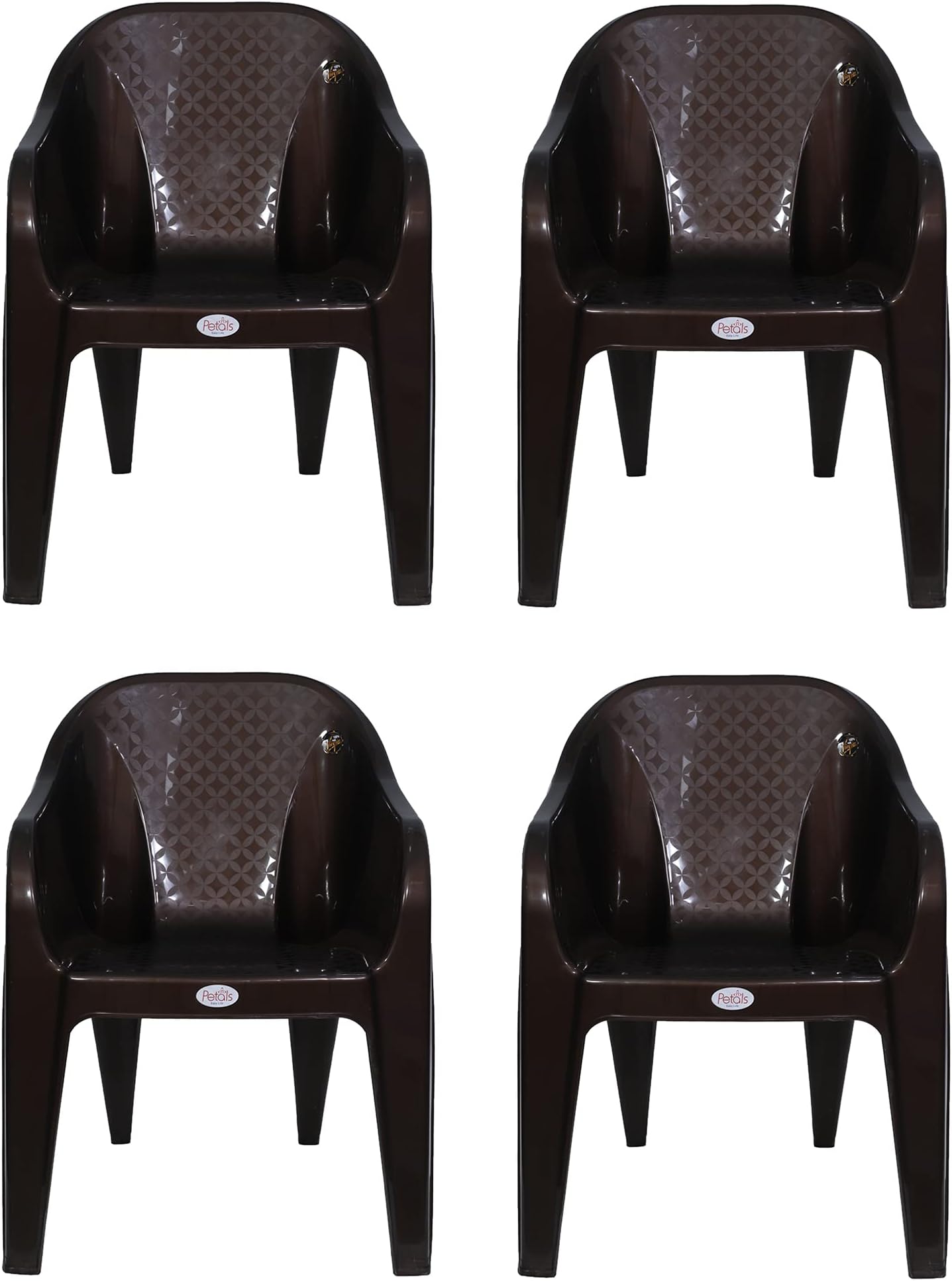 PETALS Plastic Chairs Set of 4 Without Cushion | Arm Chair For Drawing/Living Room | Armchairs For Home/Office/Garden/Indoor & Outdoor | Cap Upto 150 Kgs | Choco Brown, 4 Pcs, Bravo | 3 Years Warranty