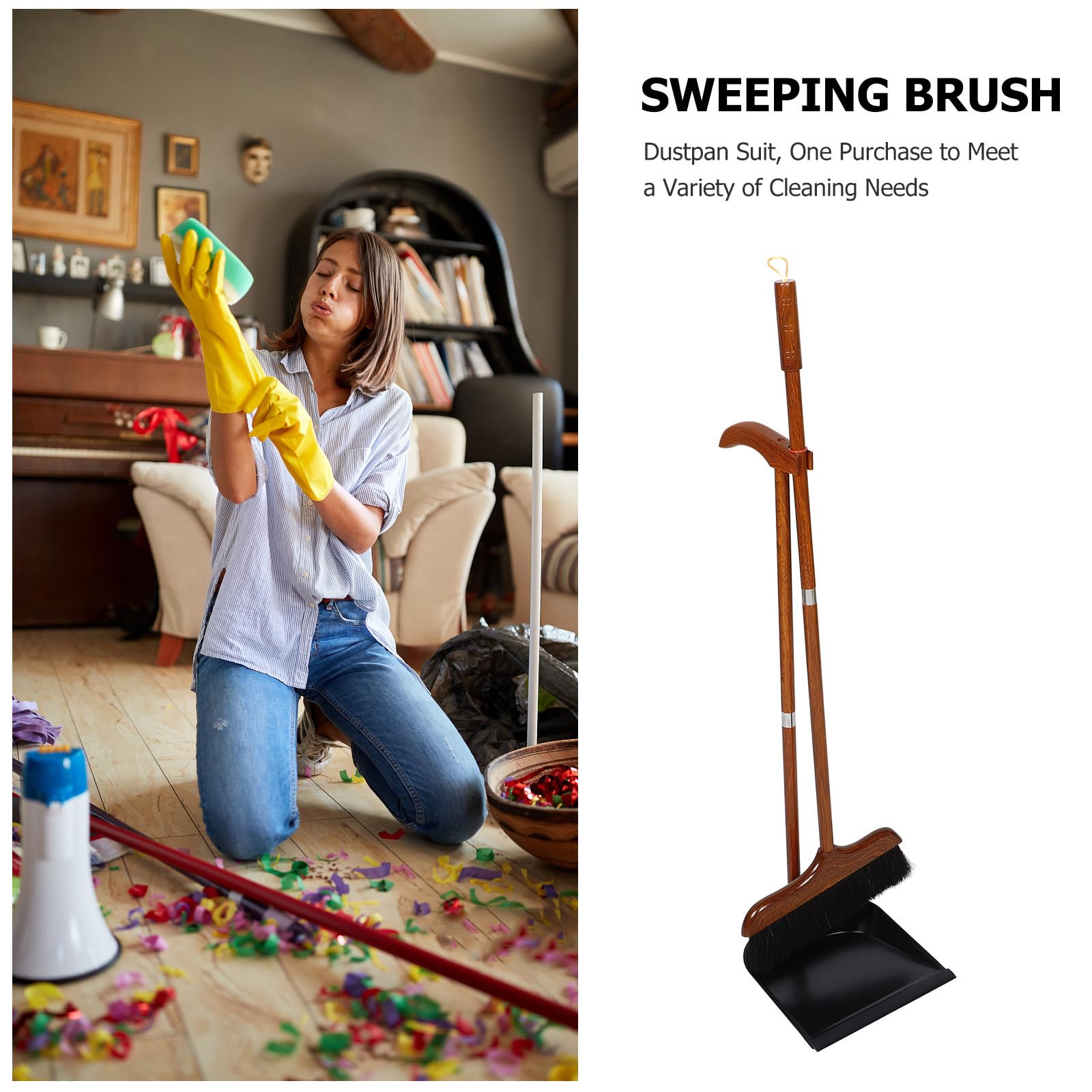 Recogedor de Mango Largo de Madera y Crin de Caballo para Limpieza | Escoba con Recogedor, Juego de Escoba y Recogedor de Pie, para Salón y Cocina, Limpieza Suave