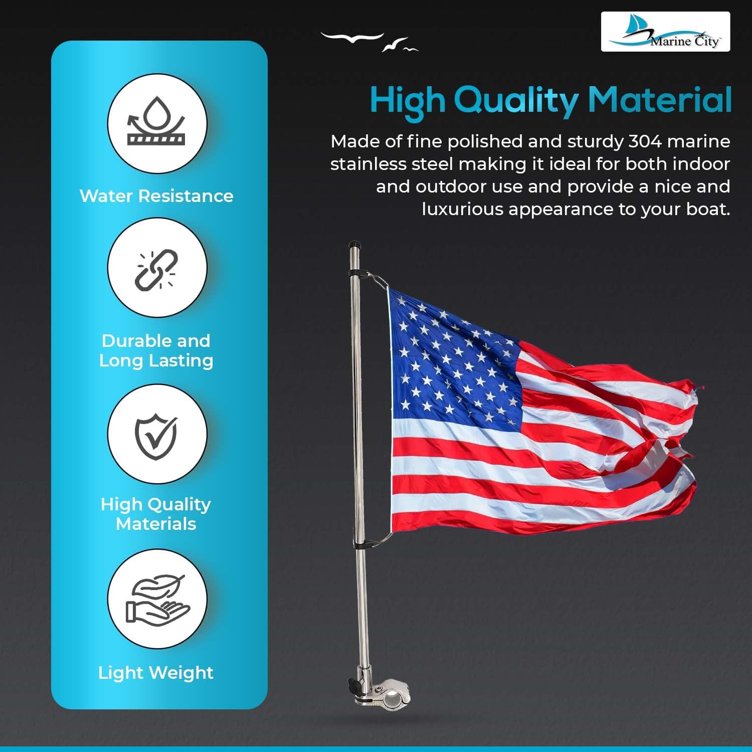 MARINE CITY Stainless Steel Flag Pole Base Set with 12x18 Inch American US Flag – Mount for Marine Boats, Yachts, Ships & RVs