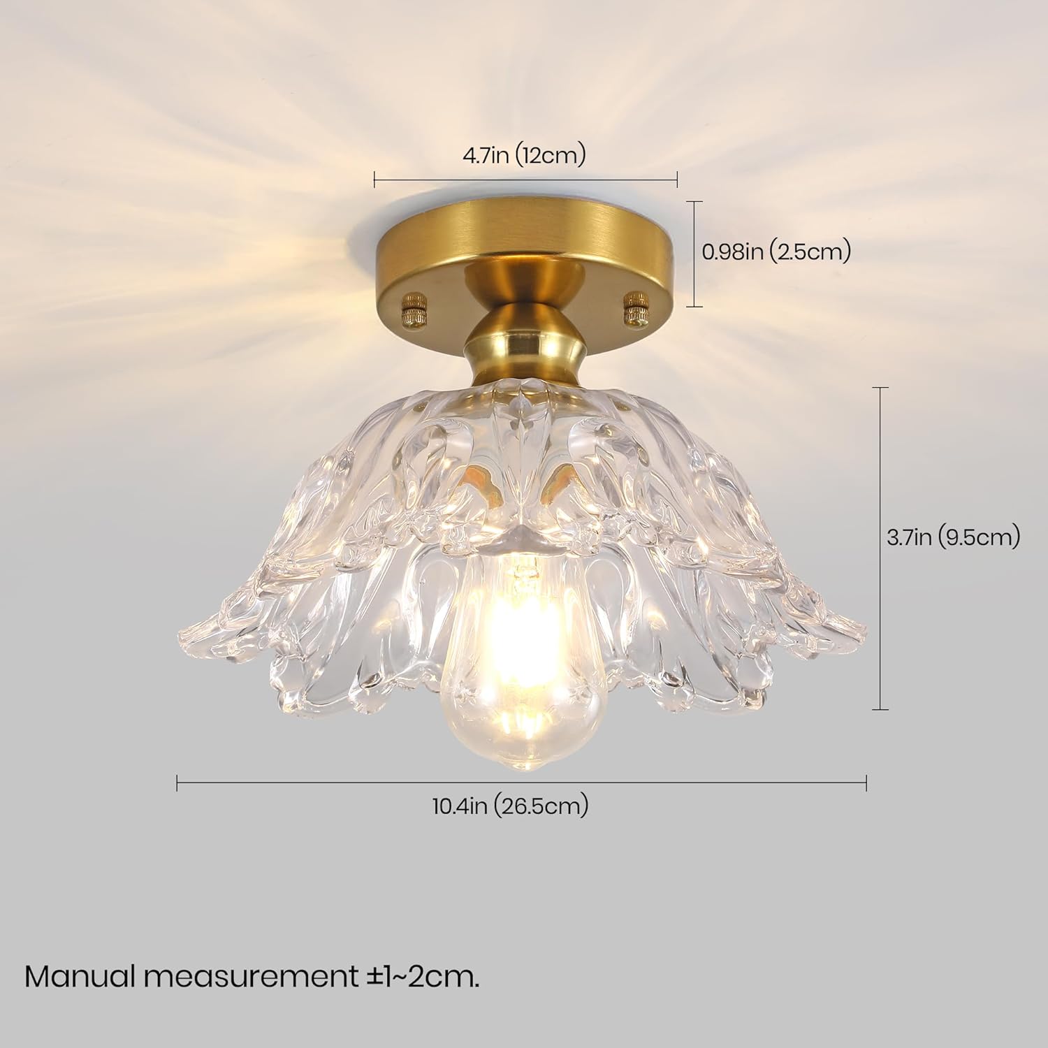 Vintage Flush Mount Ceiling Light with Clear Embossed Glass Shade, Brass Finish Ceiling Light Fixture, Semi Flush Mount Ceiling Light for Hallway Bedroom Entryway.Bulbs Not Included