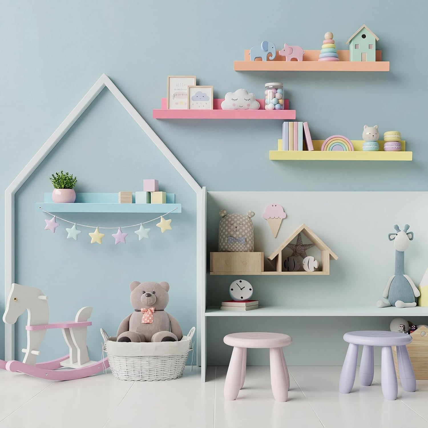 Amyhill 4 Set Pastel Wall Mounted Shelves 16 Inch Wood Wall Shelves Decor with Lip Candyland Macaroon Hanging Display Ledge Shelf for Room Kitchen Classroom Wedding Banquet Party Decor