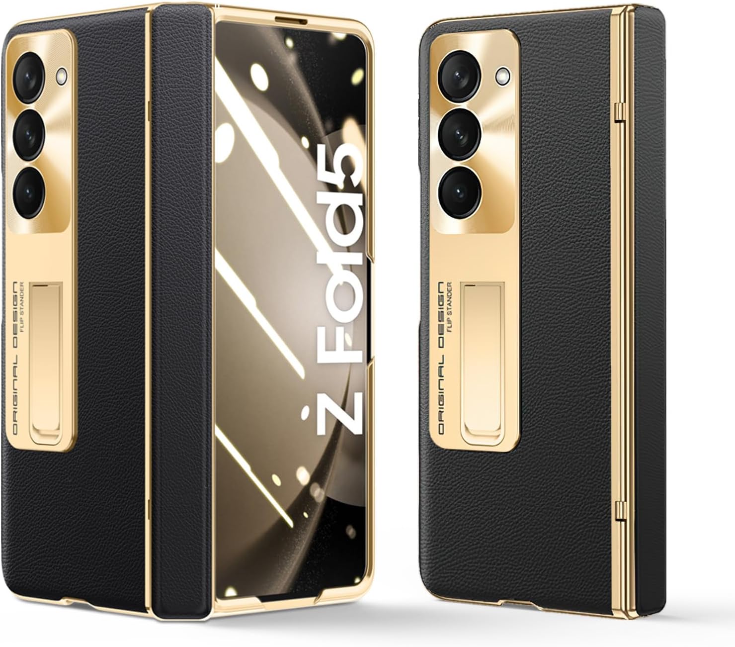 for Samsung Galaxy Z Fold 5 Case, Electroplated Frame, Leather on Back & Hinge Protection, Screen Protector, Metal Stand, Camera Protection, Thin & Slim Stand Cover 5G 2023, Black