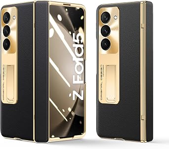 for Samsung Galaxy Z Fold 5 Case, Electroplated Frame, Leather on Back & Hinge Protection, Screen Protector, Metal Stand, Camera Protection, Thin & Slim Stand Cover 5G 2023, Black