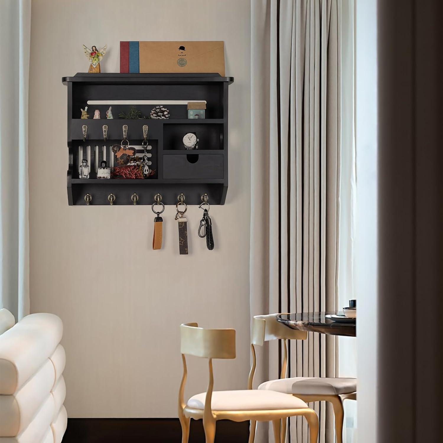 Key Holder for Wall, Key Holder Wall Mount, Mail Organizer Wall Mount with Storage Drawer, Black