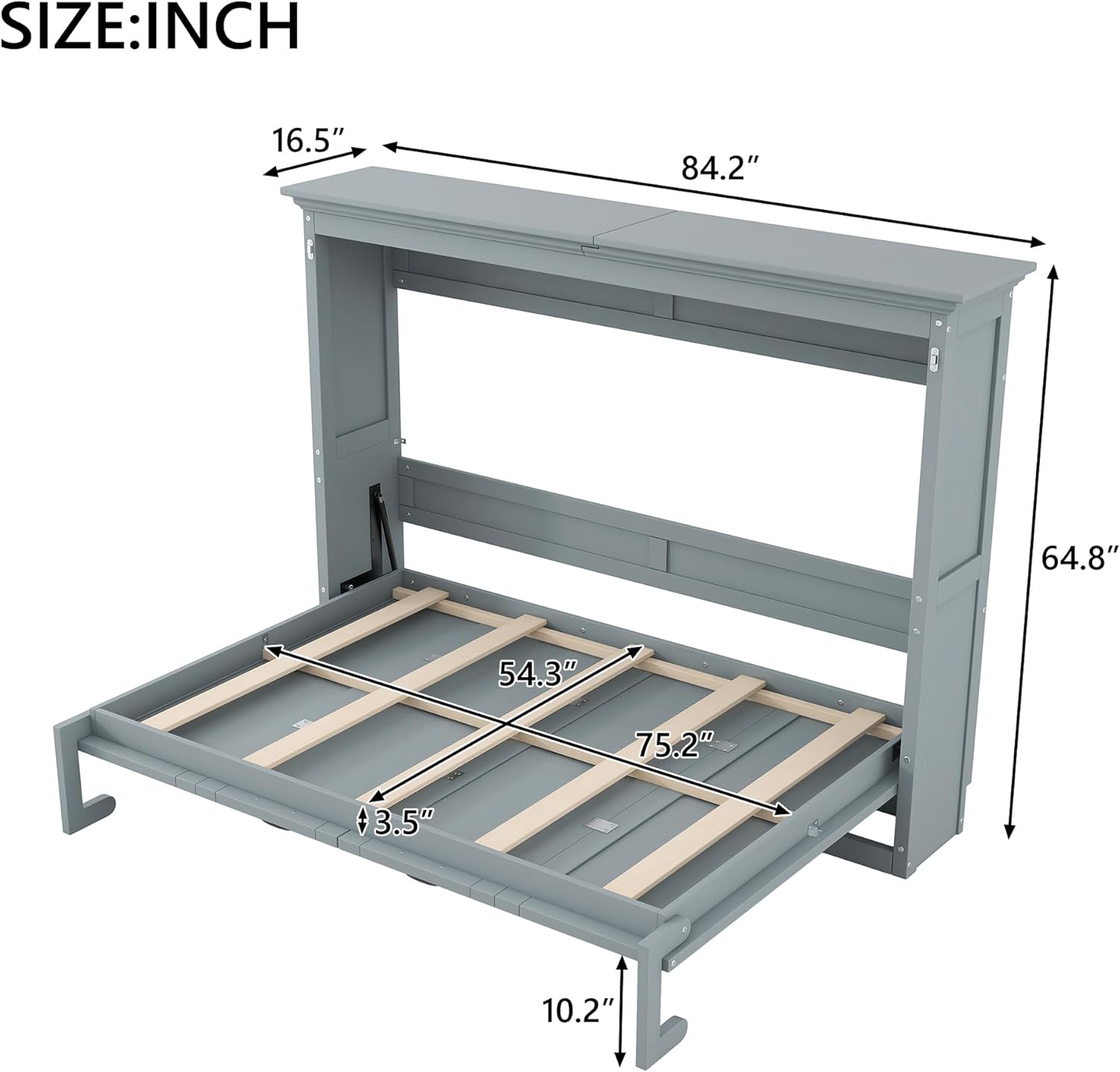 MERITLINE Full Horizontal Murphy Bed Cabinet with Desk, Solid Wood Farmhouse Murphy Bed Frame for Small Room, Office, Apartment, Space Saving, (Full,Grey)