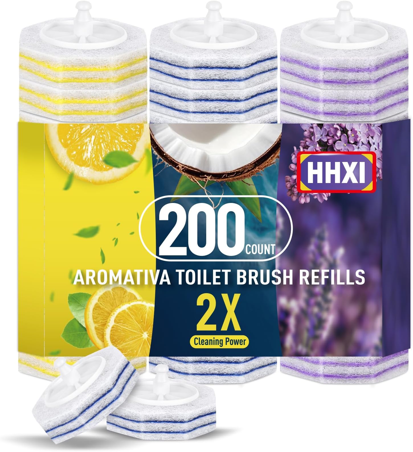 200Ct Aromative Toilet Brush Refills, Toilet Bowl Cleaner Refills, Double-Layer Cleaning Pads Added, Disposable Refill Heads for Toilet Bowl Cleaner Wands，Lemon, Blue Ocean, Lavender （Patented）