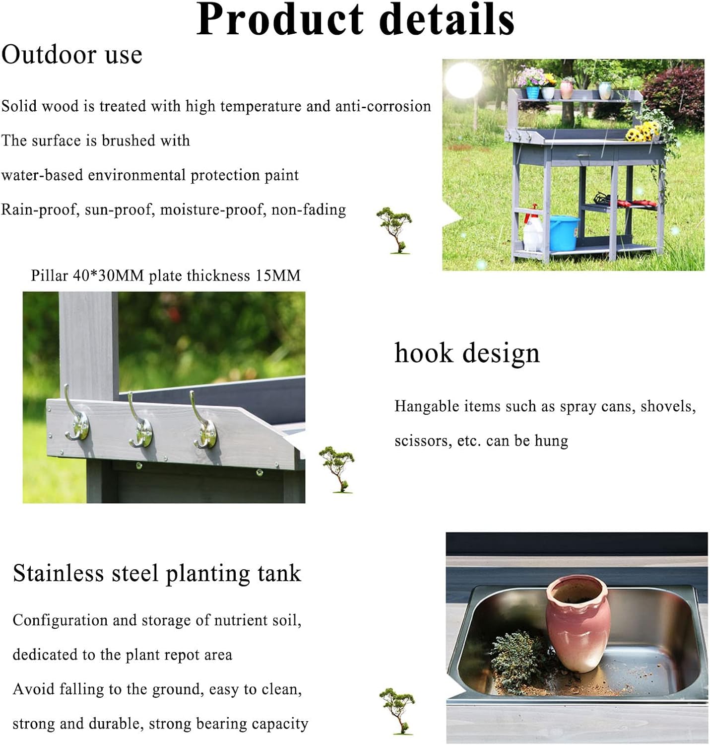 Garden Potting Bench Table, Wood Outdoor Workstation with Storage Cabinet and Planting Sink, Side Hooks and Bottom Shelf for Garden Supplies