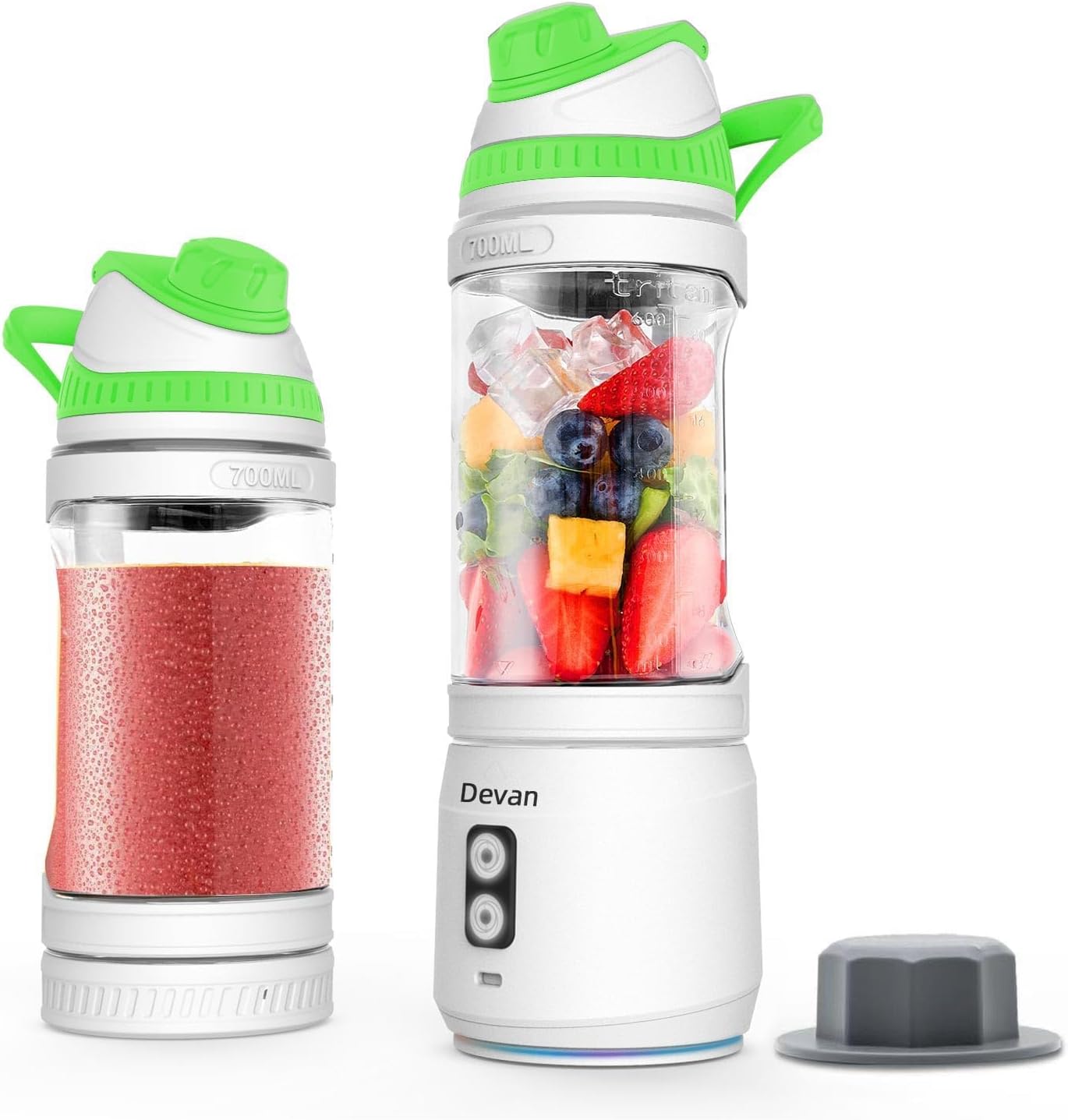 Mélangeur portable, anti-brouillage de 300 watts pour les shakes et smoothies, 24 oz de voyage Blender USB rechargeable, sans BPA, sans BPA avec un couvercle de voyage. (Couvercle gris de base noir) (Couvercle vert de base blanc)