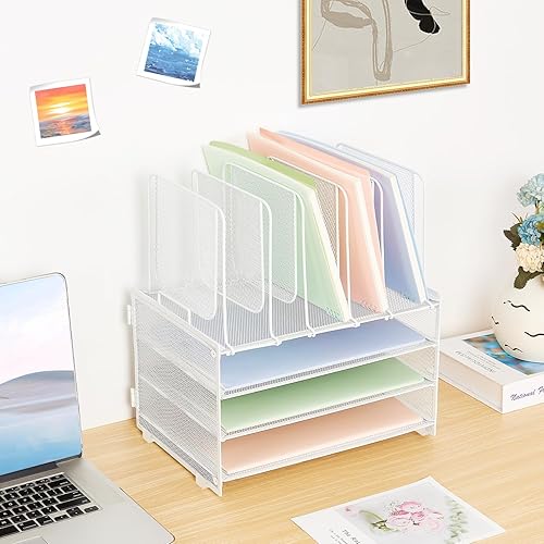 Miniatura 6 de Organizador de papel de escritorio con asa, bandejas de letras de 3 niveles con 5 soportes verticales para archivos, almacenamiento de papel,
