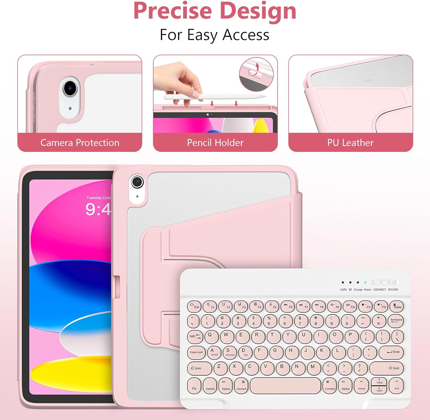 besky Keyboard case for iPad A16 11th 10th Generation 11/10.9 inch, Detachable Keypad,360 Rotatable Magnetic Cover with Pencil Holder for iPad 11 2025 10 Gen 2022 - Light Pink - Image 5