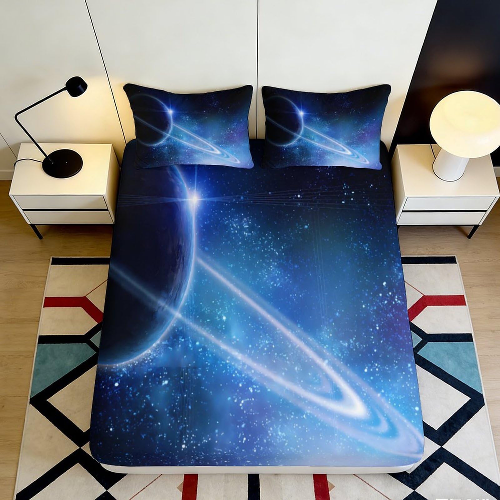 3D Printed Galaxy Starry Sky Fitted Sheet Microfiber Soft Blue Cosmic Nebula Mattress Cover Bedroom Decor 200x200x25cm