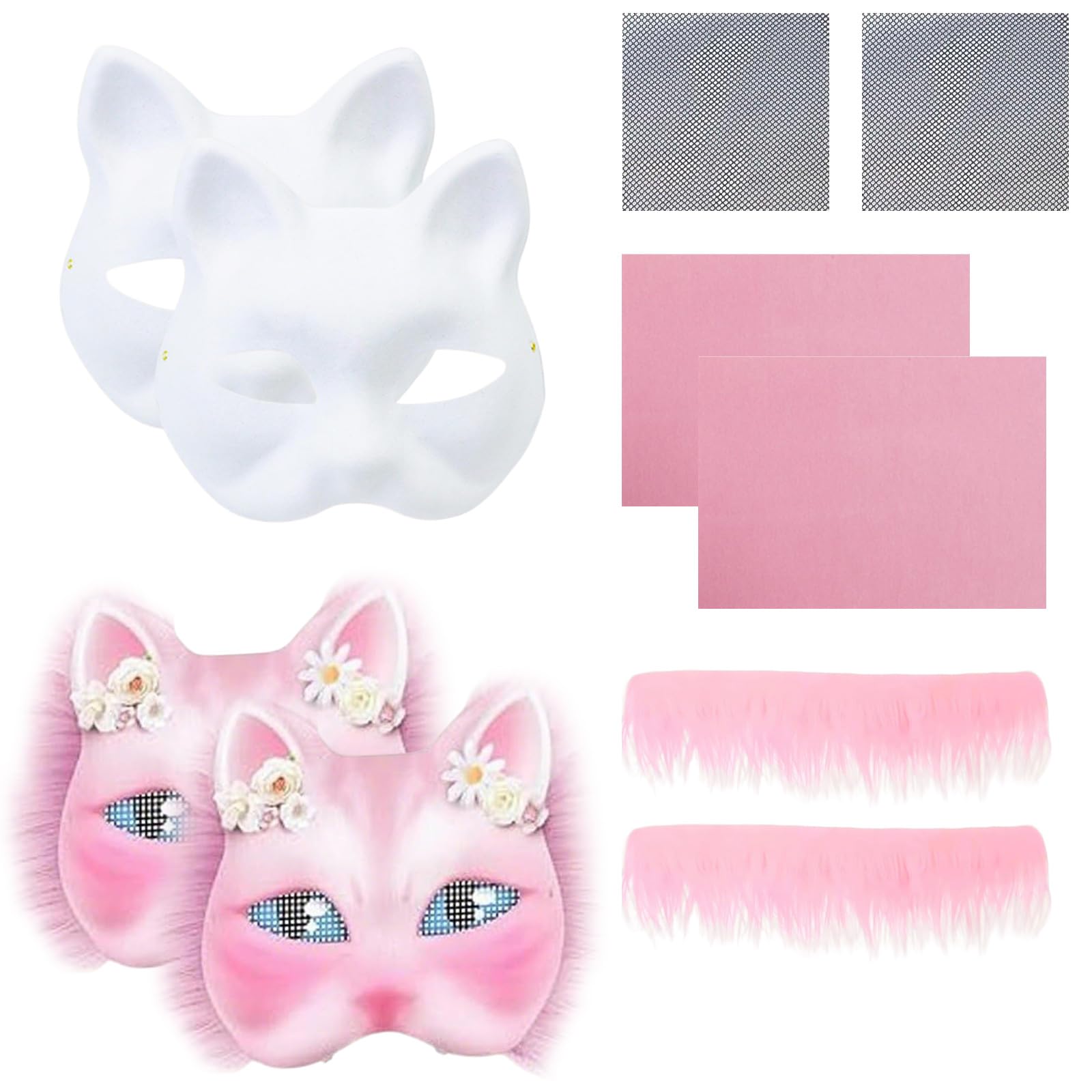 Cat Fox Therian Masks, Blank Cat Mask with Felt Furs and Eye Meshes, Costume Furry Masks to Paint, Animal Mask Arts Crafts Kit, Dress Up DIY for Halloween Christmas Cosplay Party Interaction (Pink)