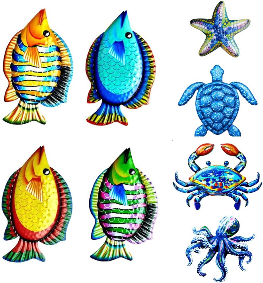 Set of 8 Metal Outdoor Wall Art Decor, Blue Turtle Starfish Crab and Octopus Tropical Fishes Beach Ocean Pool Decor, Metal Yard Fence Garden Children Room Bathroom Livingroom Wall Decoration