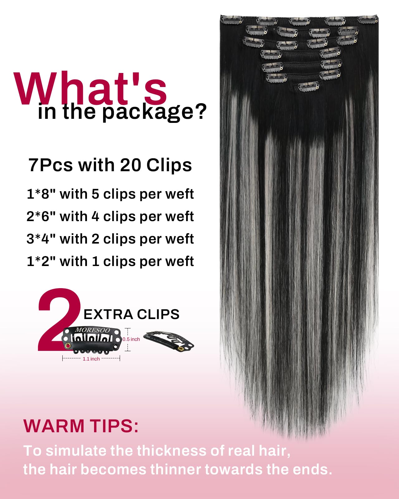 Brazilian Quality  Black Gray Full Head Clip in Brazilian Clip Ins - Seamless, Undetectable Hair Extensions main image 3