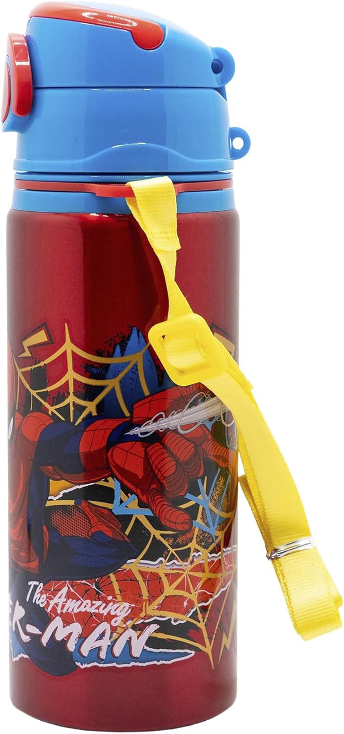 Reusable Aluminium Pop Up Bottle with Shoulder Strap 730 ml | Spiderman Moving Target