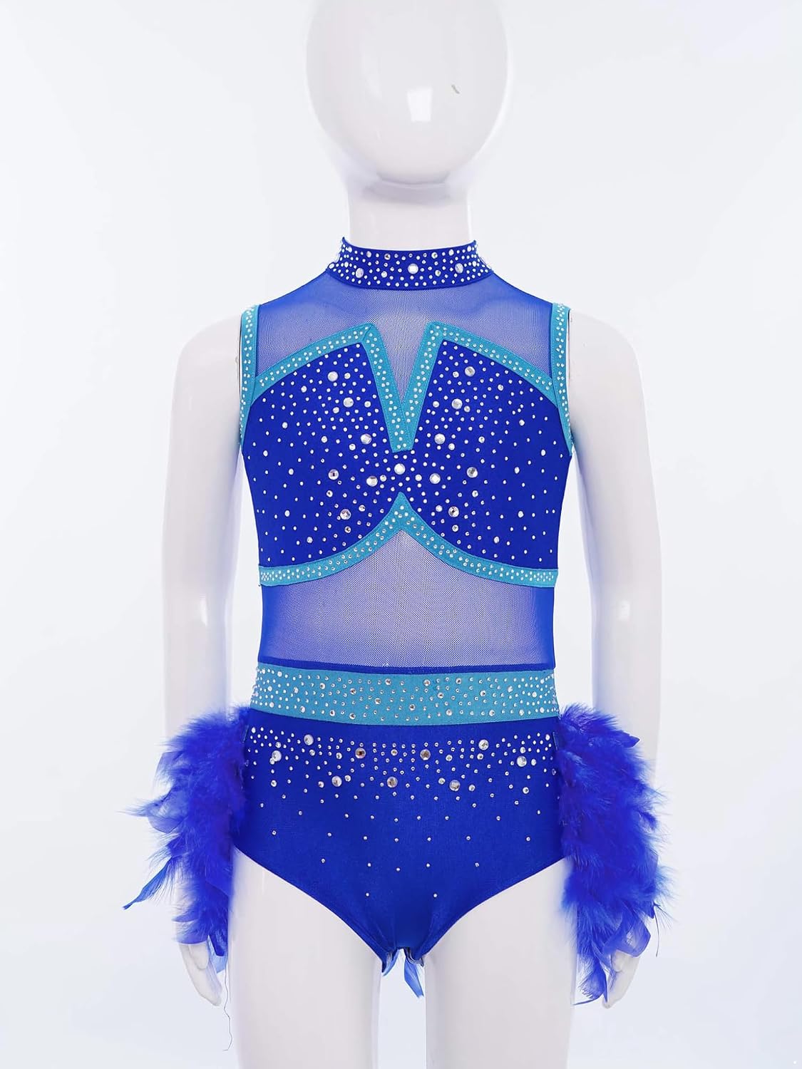 Kids Girls Feather Bodysuit Rhinestone Gymnastics Ballet Skirted Leotard Jazz Latin Dance Performance Outfit