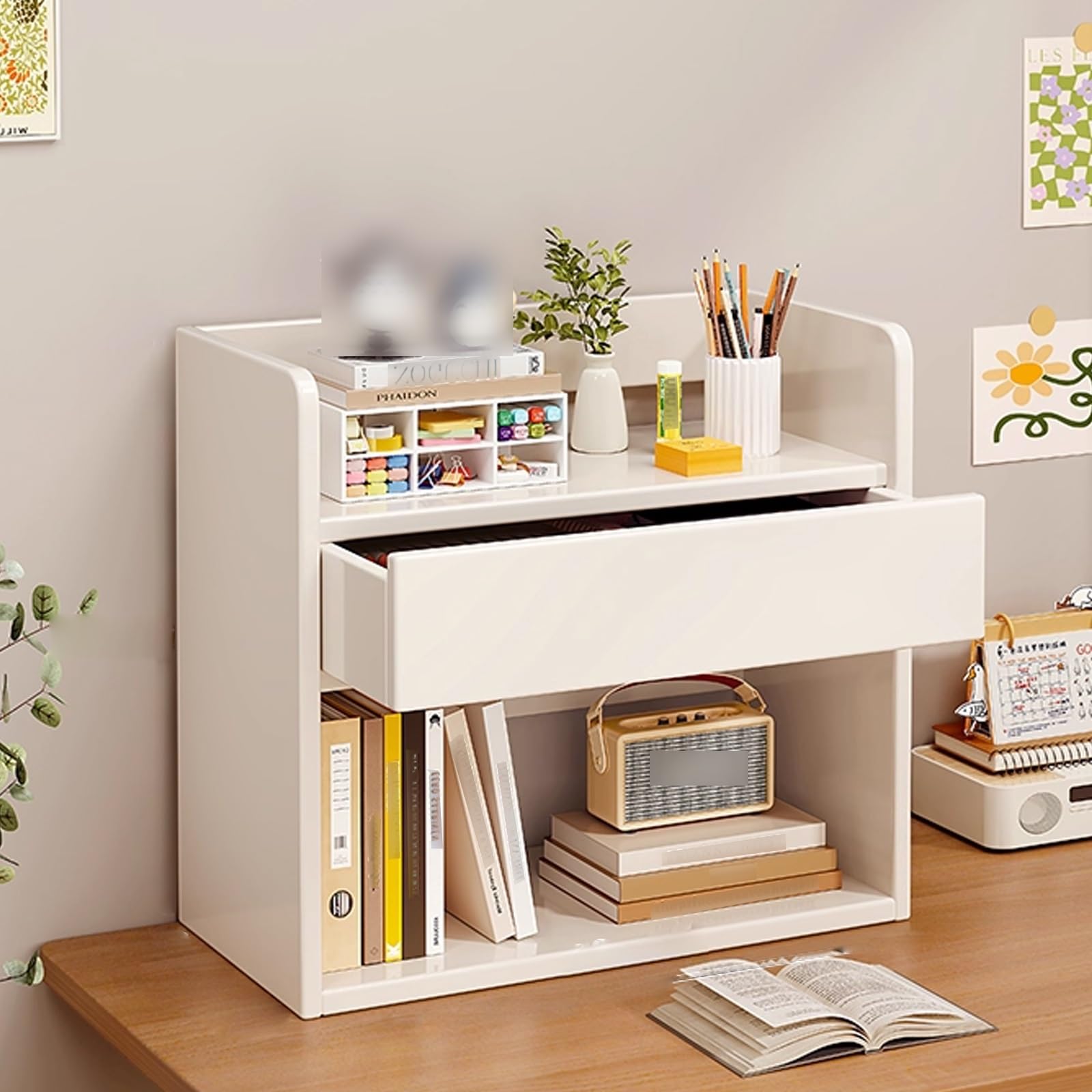Desk Organizer Wood, Platzsparend Holzartig mit Schubladen Stabil Belastbar, Schreibtischregal Geeignet for Wohnheim Haus Büro(White,68 * 20 * 50)