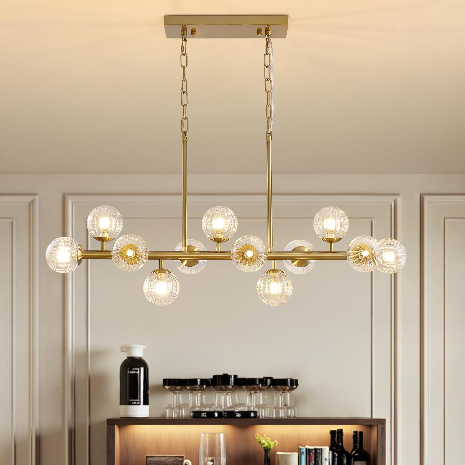 MOOONIHCE Modern Dining Room Chandelier, 39" Gold Sputnik Chandelier with Clear Globe, Kitchen Island, Rectangular Pendant Lights Chandelier, Linear Chandeliers for Dining Room