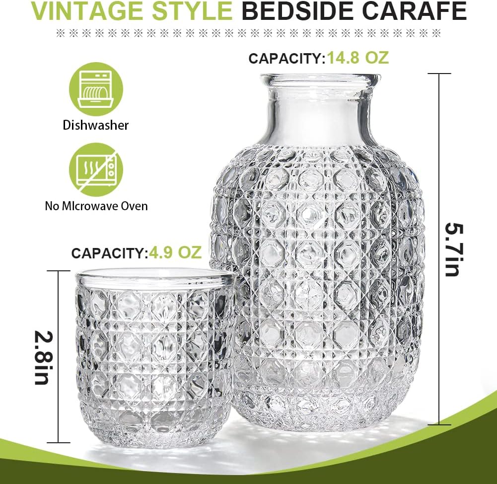 Bedside Carafe and Glass Set - Vintage Bedside Water Carafe with Glass Cup for Nightstand Storing Water, Juice and Other Wine on Desktop/Shelf (Gemstone）