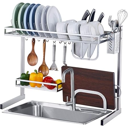 istBoom Over The Sink Dish Drying Rack, Small Over Counter Dish Drainer for Kitchen Single Sink with Utensil Caddy Knife Cutting Board Holder 10 Hooks, Stainless Steel (Sink Size ≤ 25 inch, Silver)