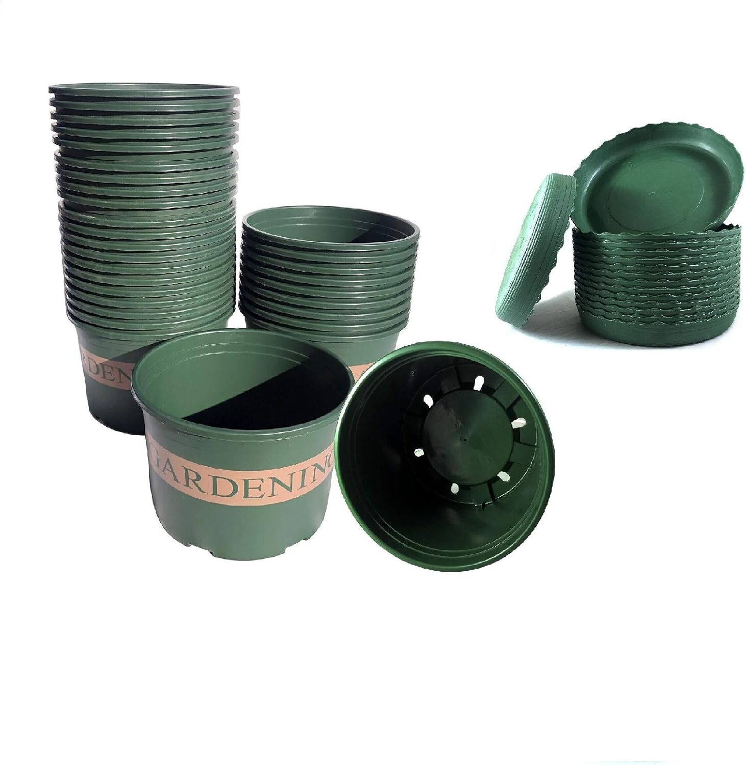 6 Sets / 3 Trade-Gallon Diameter 10.28'' Green Printed Plastic Shallow Pots with Tray for Flower, Succulents Plants in Garden Outdoor Indoor (GLP76-6-T)