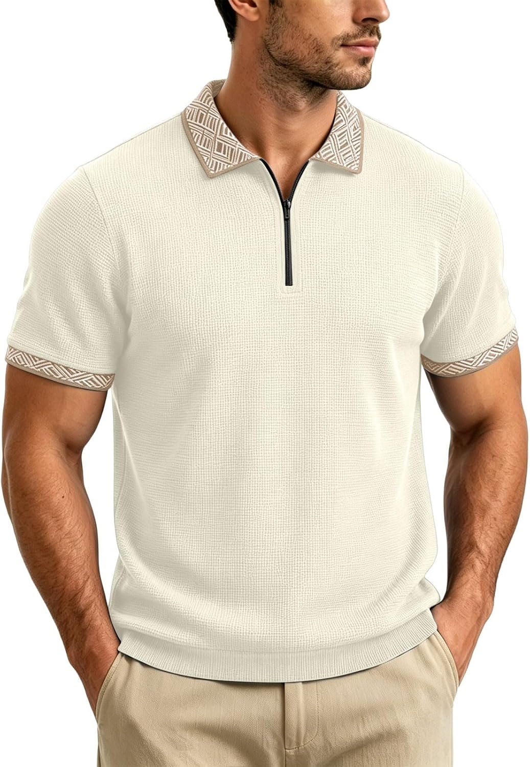Men's Quarter Zip Shirt Short Sleeve Golf Shirt | Quarter Zip Collar, Pattern , Short Sleeve Fit, For Golf, Tennis, Travel, Vacation, And Casual Wear
