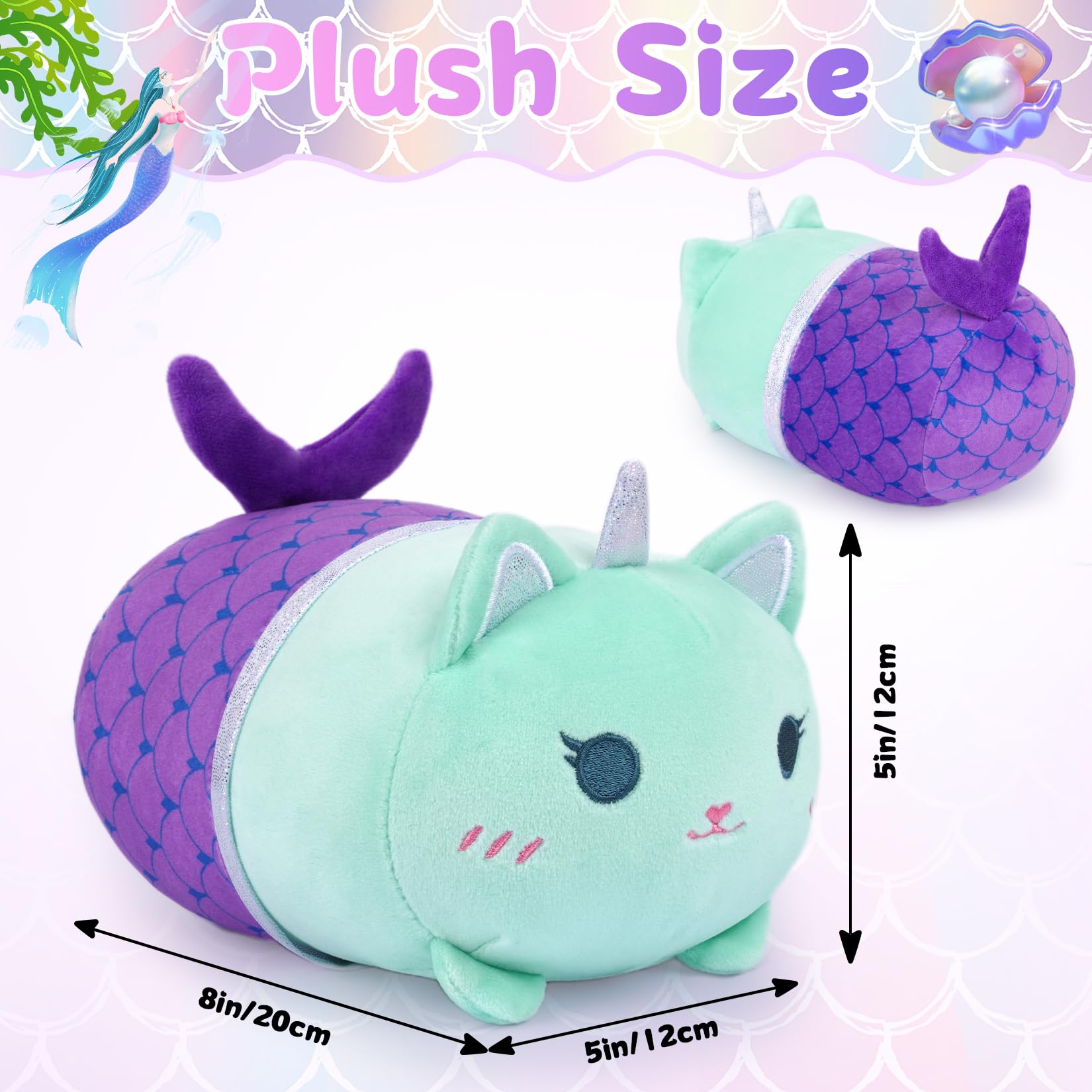 KOPHINYE Mermaid Cat Stuffed Animal,8 inch Cute Cat Plush Mermaid Stuffed Animal Soft Cartoon Cat Plush Pillow, Kawaii Plush Toy for Kids Girls Boys Birthday - Image 4