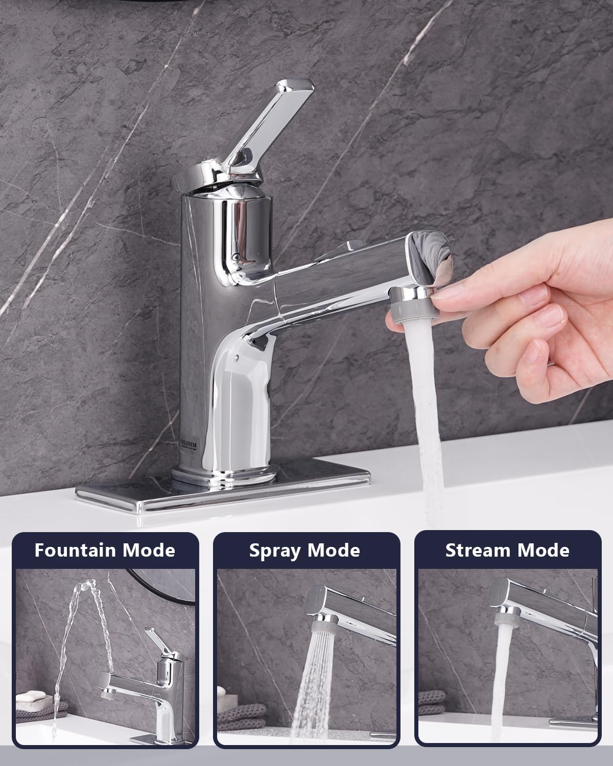 Pull Out Bathroom Faucet, Single Handle Bathroom Sink Faucet with Pull Out Sprayer, Bathroom Faucet for Sink, with Pop-up Drain & Deck Plate 1 or 4-inch Centerset 3 Hole, Chrome