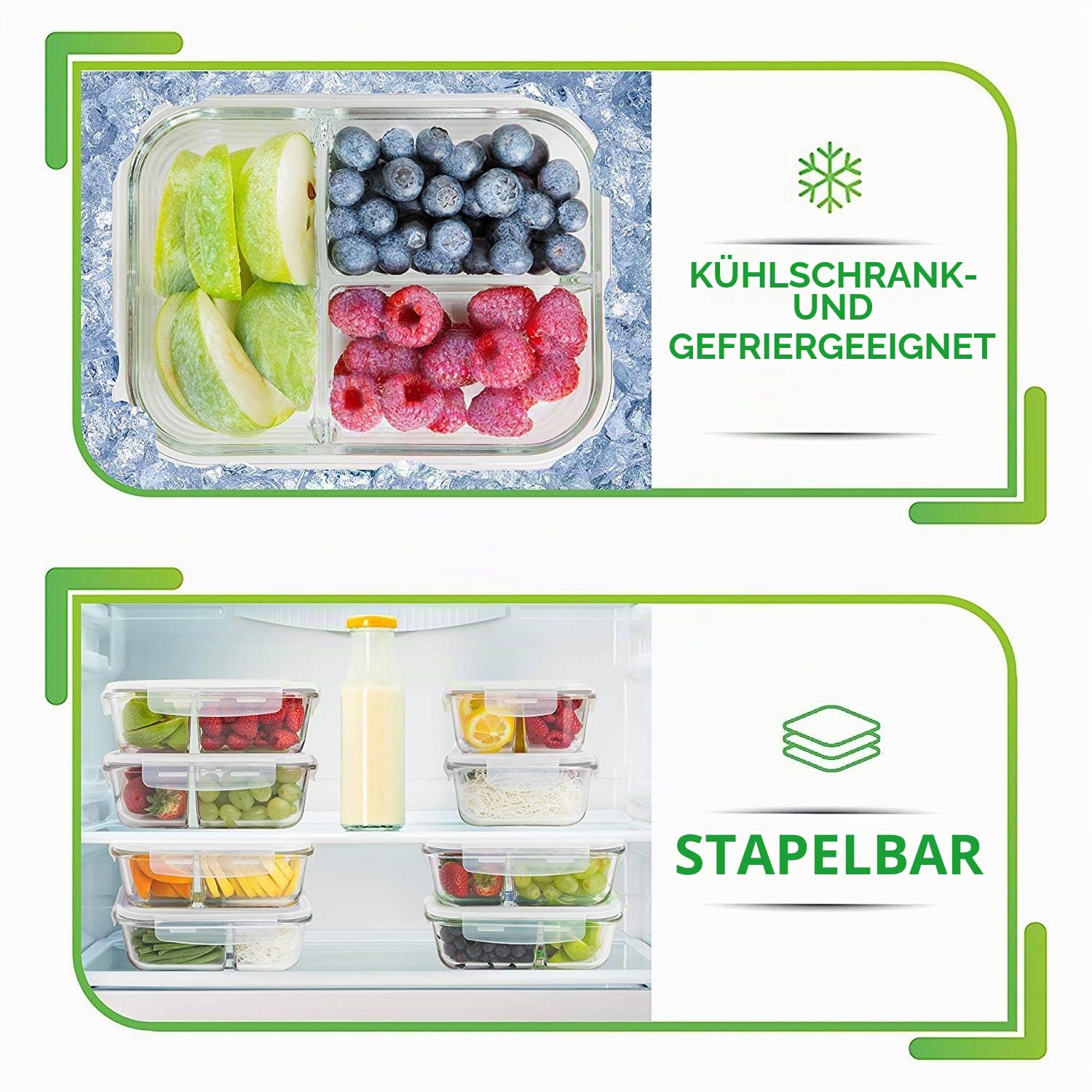Prep Naturals Glasbehälter für Mahlzeiten, 3 Fächer, 5 Stück – Bento-Box, Vorratsbehälter aus Glas mit Deckel – Lebensmittelzubereitungsbehälter, Glasbehälter mit Deckel | Vorratsdosen aus Borosilikatglas, luftdichte, auslaufsichere Deckel, mikrowellen-,