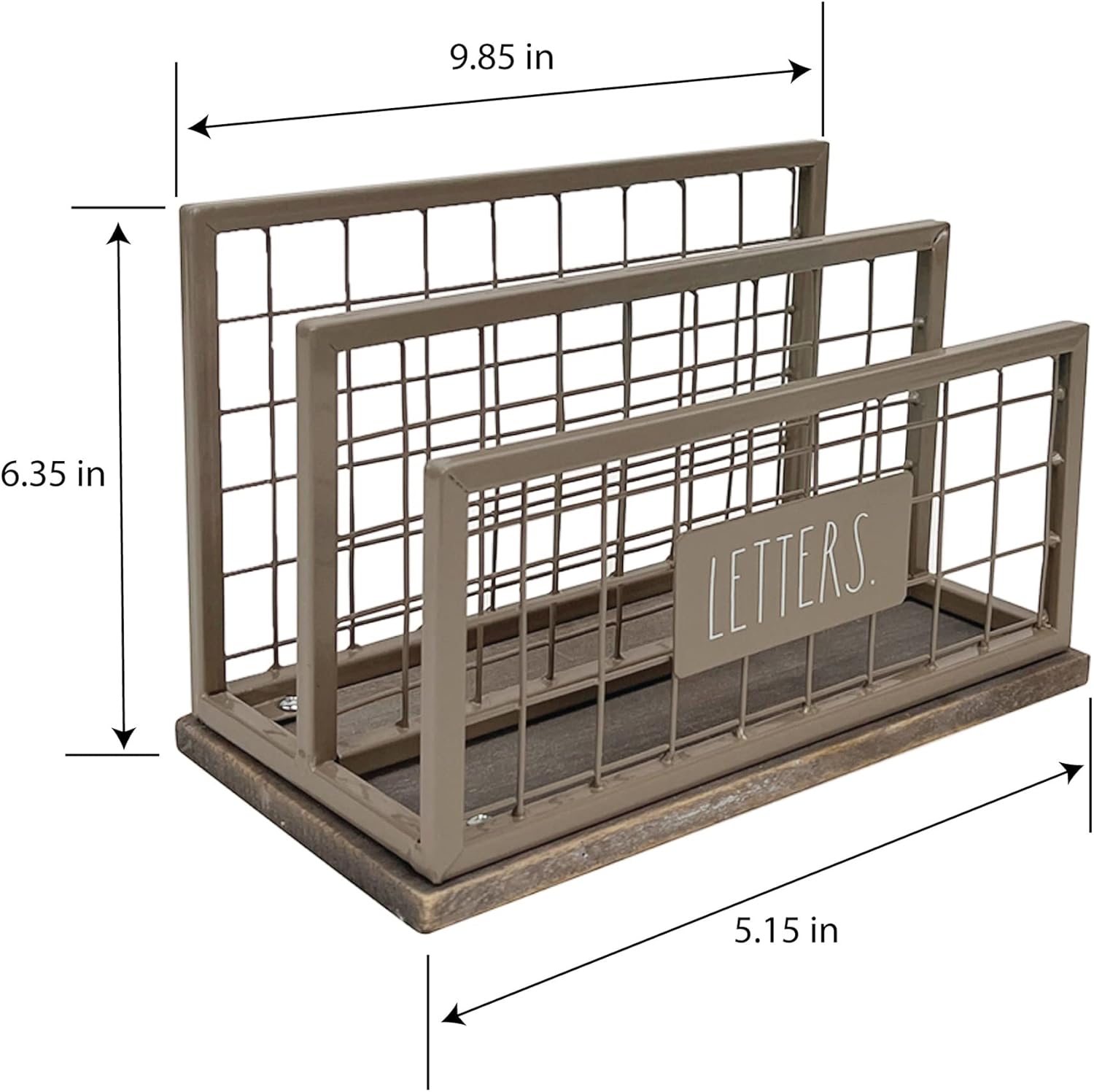 Desktop Mail Organizer - 2 Compartment Mail Holder & Stationary Table Top Desk Organizer - Chic and Stylish Galvanized Steel and Solid Wood - “Letters” Print - for Home and Office, Grey "Letter"