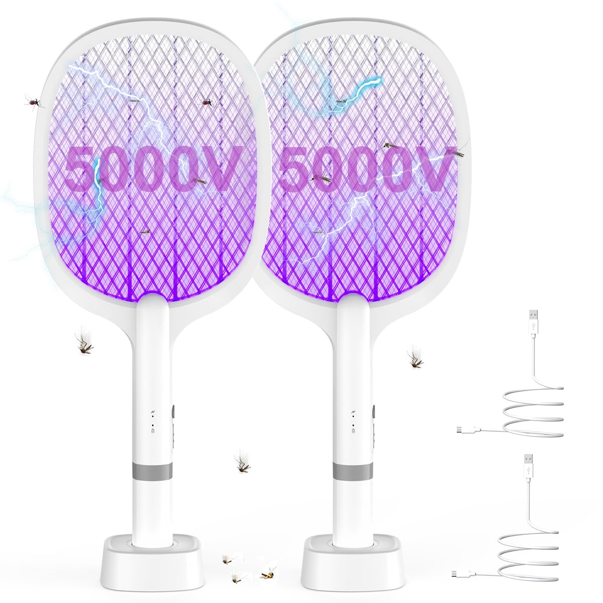 5000V Raqueta Mosquitos Electrica: 2 en 1 2000mAh Matamoscas Electrico para UV Mosquitos con Base de Recarga USB-C. Mata Mosquitos Electrico pour Intérieur et Extérieur(2 PCS)