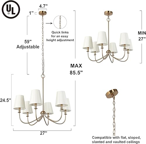 Miniatura 2 de Durent Lighting Candelabro de latón con 6 pantallas de tela, lámpara tradicional de comedor y sala de estar con marco de metal pulido, accesorio de