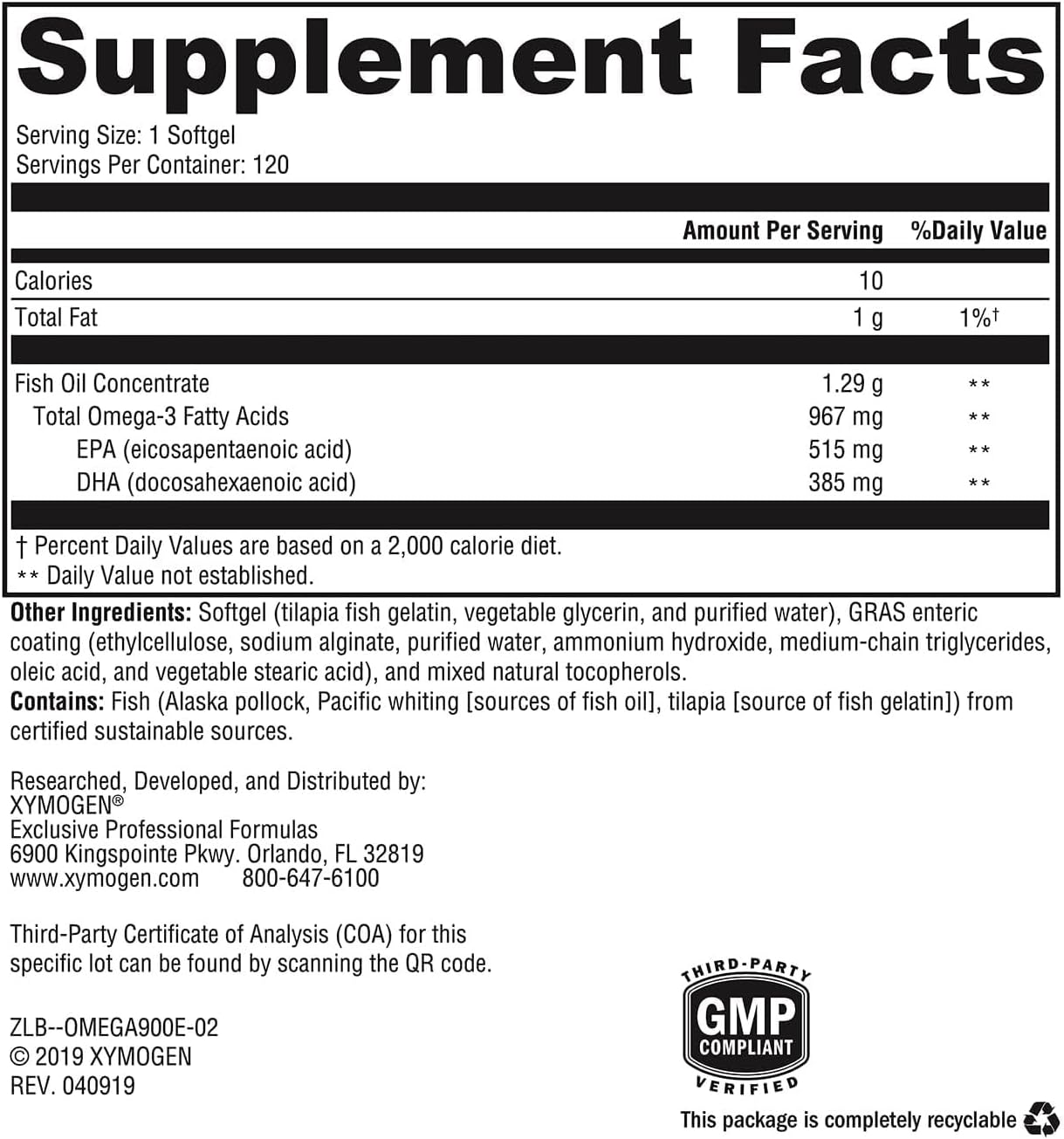XYMOGEN OmegaPure 900 EC - Cardiovascular & Brain Support - IFOS Five-Star Certified Fish Oil - DHA EPA Omega-3 Supplement - Triglyceride Form - 120 Softgels