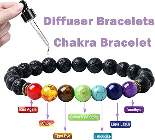 Miniatura 2 de HEDQFM 2 pulseras de piedra de lava con 7 chakras, aromaterapia, difusor de aceites esenciales, pulseras de cuentas de yoga, pulsera elástica de