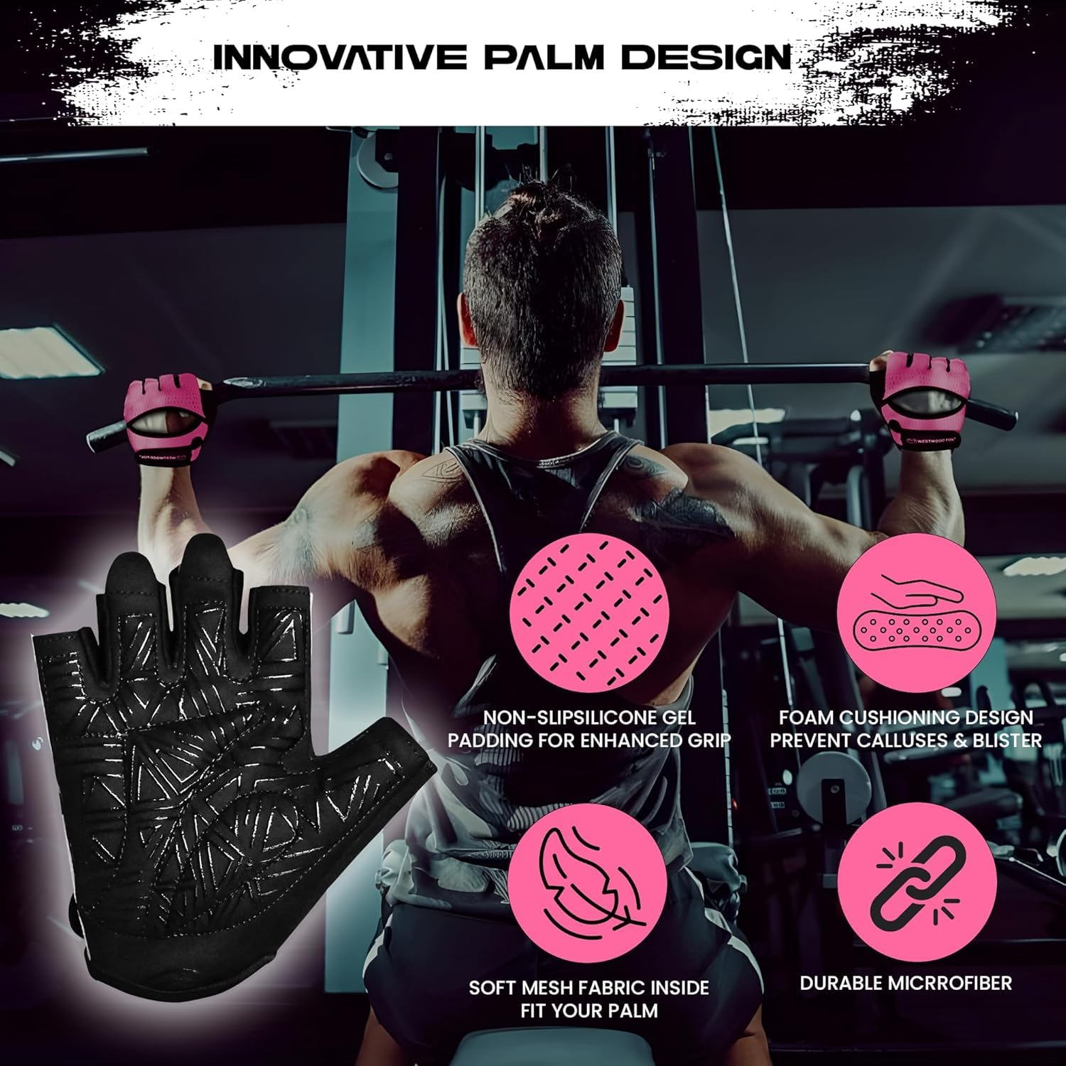 WESTWOOD FOX Rękawice gimnastyczne dla mężczyzn i kobiet – wentylowane rękawice do podnoszenia ciężarów, fitness, rowerowe i treningowe z grubą wyściółką, pełna ochrona dłoni, antypoślizgowy uchwyt