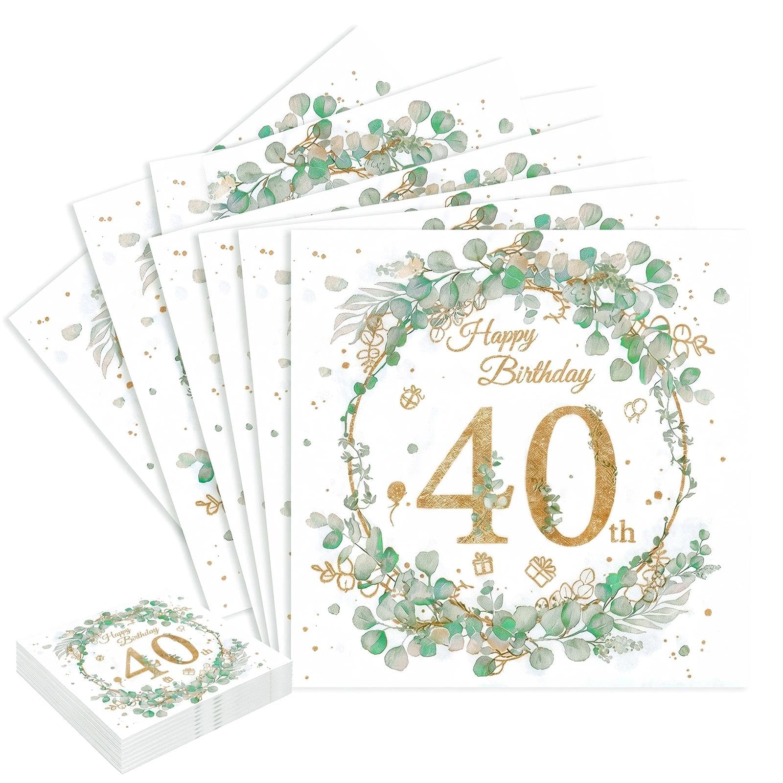 40Pcs 40th Birthday Party Napkins, Disposable Sage Green 40th Birthday Decorations, Eucalyptus Wreath 33x33cm Paper Serviettes Napkins for Women Her Party Decorations