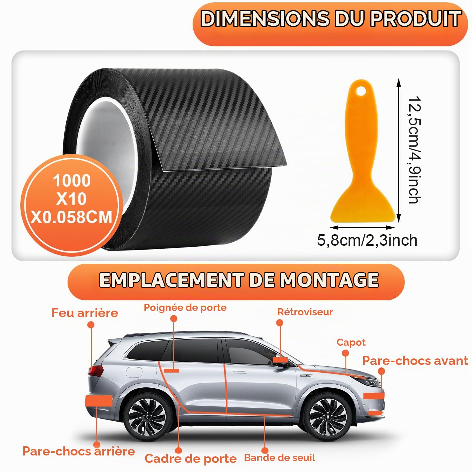 AKOLAFE 10M x 10CM Protection Seuil de Porte Voiture Fibre de Carbone Autocollante Film de Protection Carrosserie PVC Anti-Rayure Protecteur de Seuil Voiture Universel Noir