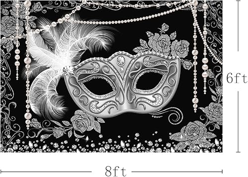 Miniatura 3 de MEHOFOND Telón de fondo de bola de máscaras, color negro, plateado para fiesta de máscaras, fondo para fotografía, Mardi Gras, carnaval, disfraces,