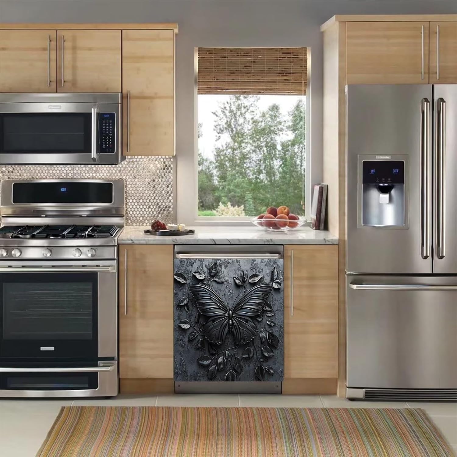 3D Butterflies and Vines Dishwasher Magnet Cover, Black Style Premium Dishwasher Cover, Refrigerator Magnet Panel Decal, Kitchen Magnetic Dishwasher Cover 23" x 26"(Magnetic)