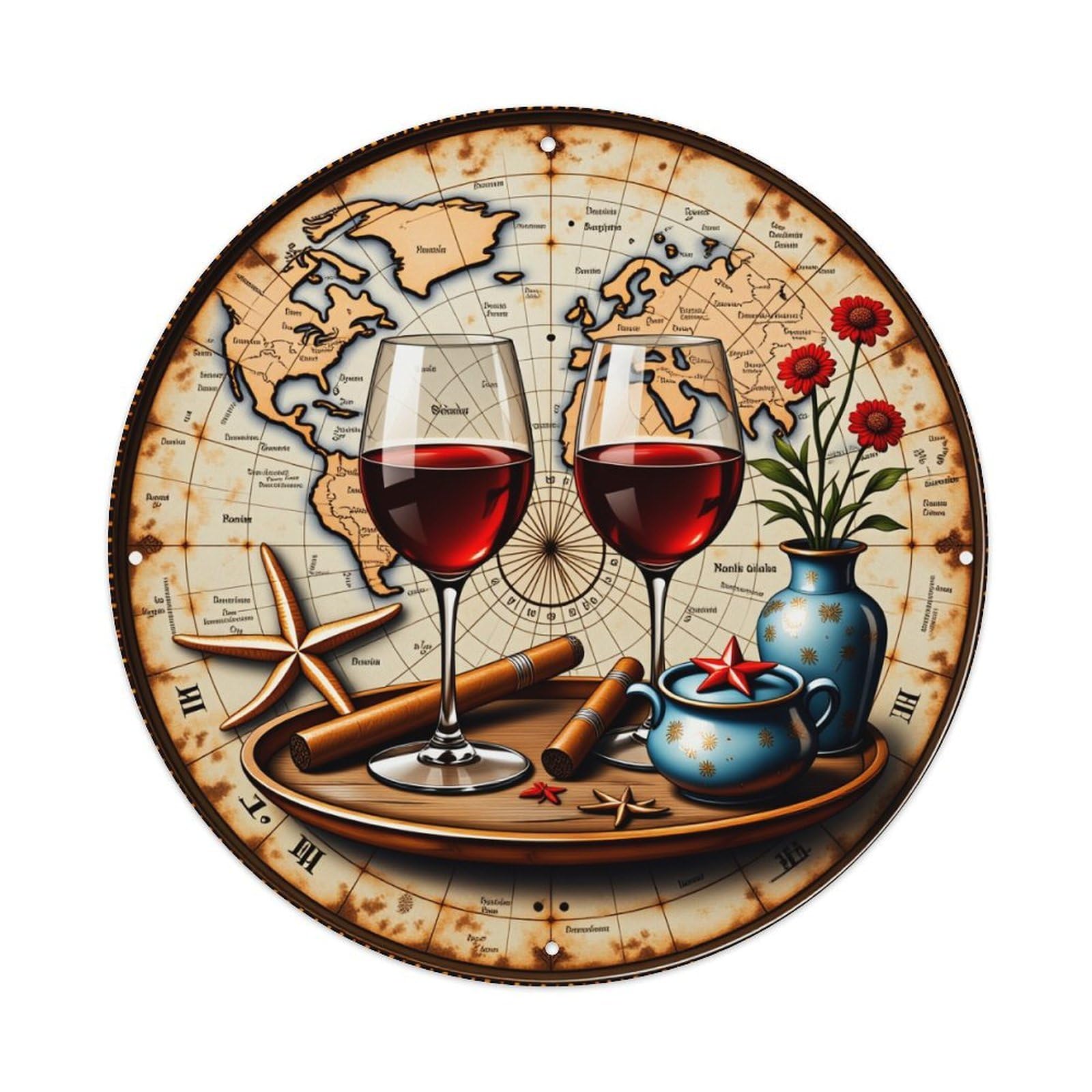 Vintage World Map Design Vintage Metal Tin Sign Retro Wall Decor for Home Bar Garage Cafe, Indoor & Outdoor Decorative，circle Metal Poster, 8x8 Inch