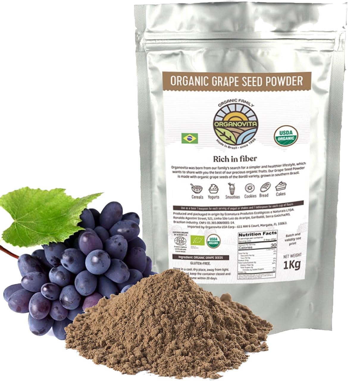 Organic Powder - Blend in Smoothies, Cakes, High Fiber Content, Made w/Cold-Pressed Natural Ingredients, Gluten-Free, All Purpose, Antioxidants Rich - Certified USDA (2.2 Lbs, Grape Seed (Pack of 1))USDA Organic